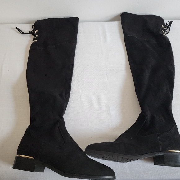 Ivanka Trump Shoes - Ivanka Trump, black soft suede over the knee boots.  Sz 8.5 with gold accents.